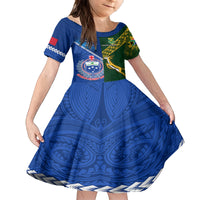 Samoa And South Africa Rugby Family Matching Off Shoulder Maxi Dress and Hawaiian Shirt 2023 World Cup Manu Samoa With Springboks LT14 Daughter's Dress Blue - Polynesian Pride