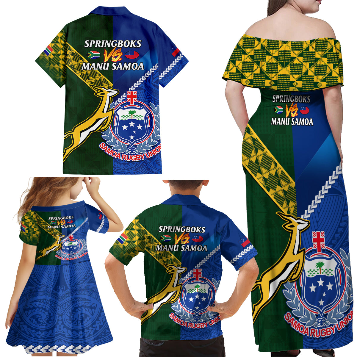Samoa And South Africa Rugby Family Matching Off Shoulder Maxi Dress and Hawaiian Shirt 2023 World Cup Manu Samoa With Springboks LT14 - Polynesian Pride