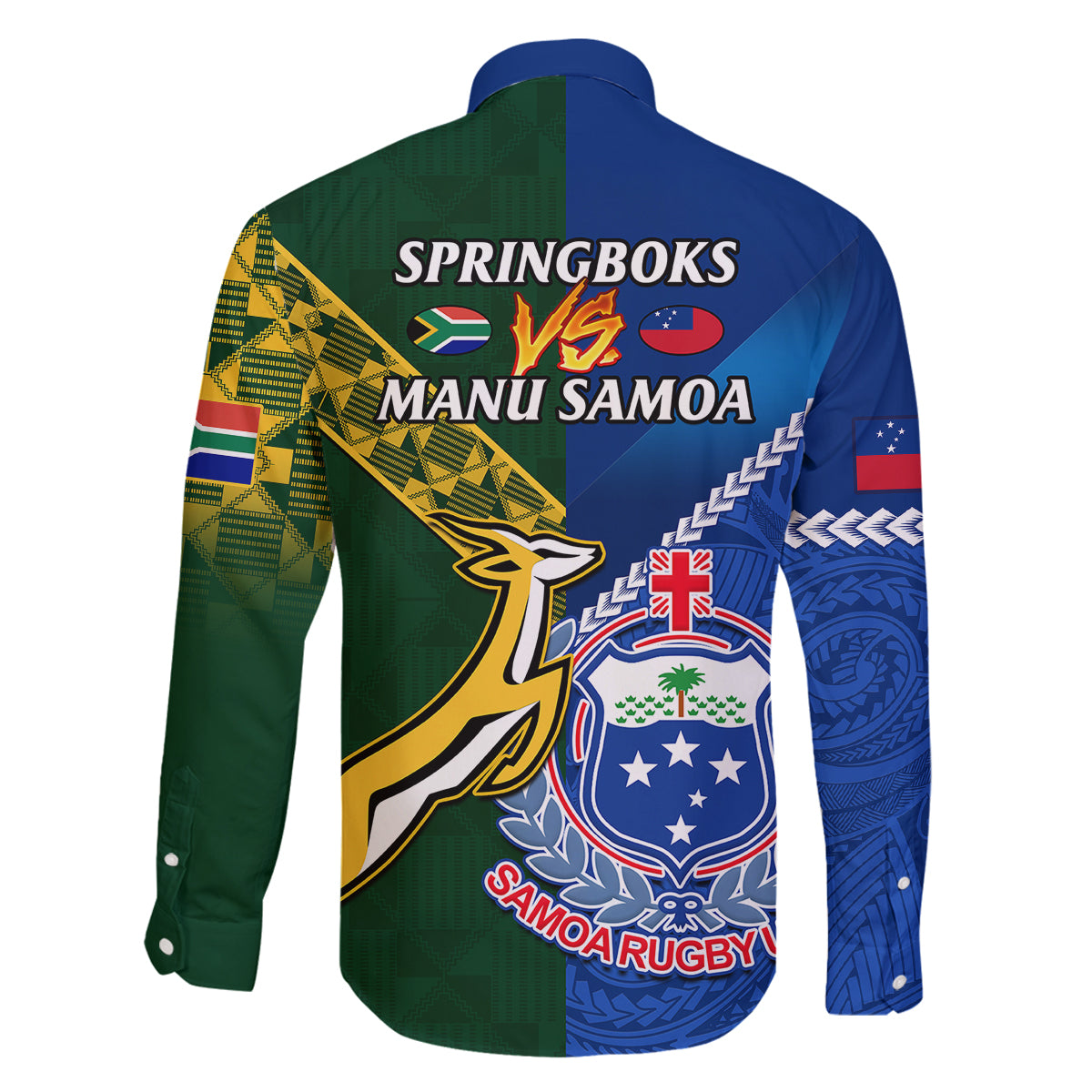 Samoa And South Africa Rugby Family Matching Off Shoulder Maxi Dress and Hawaiian Shirt 2023 World Cup Manu Samoa With Springboks LT14 - Polynesian Pride