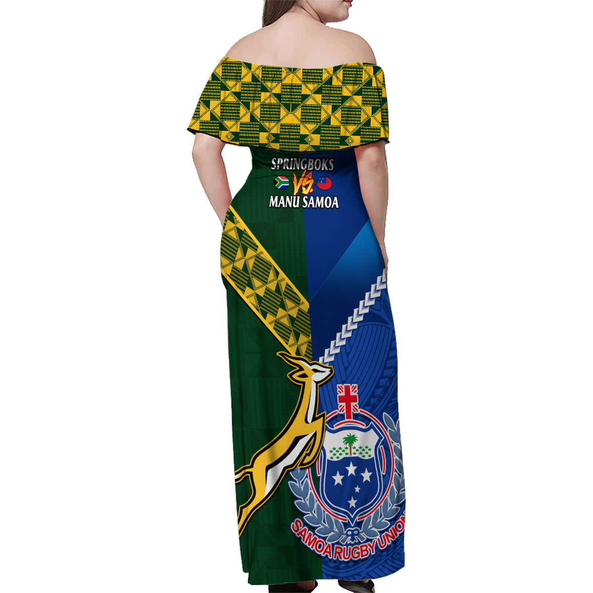 Samoa And South Africa Rugby Family Matching Off Shoulder Maxi Dress and Hawaiian Shirt 2023 World Cup Manu Samoa With Springboks LT14 - Polynesian Pride