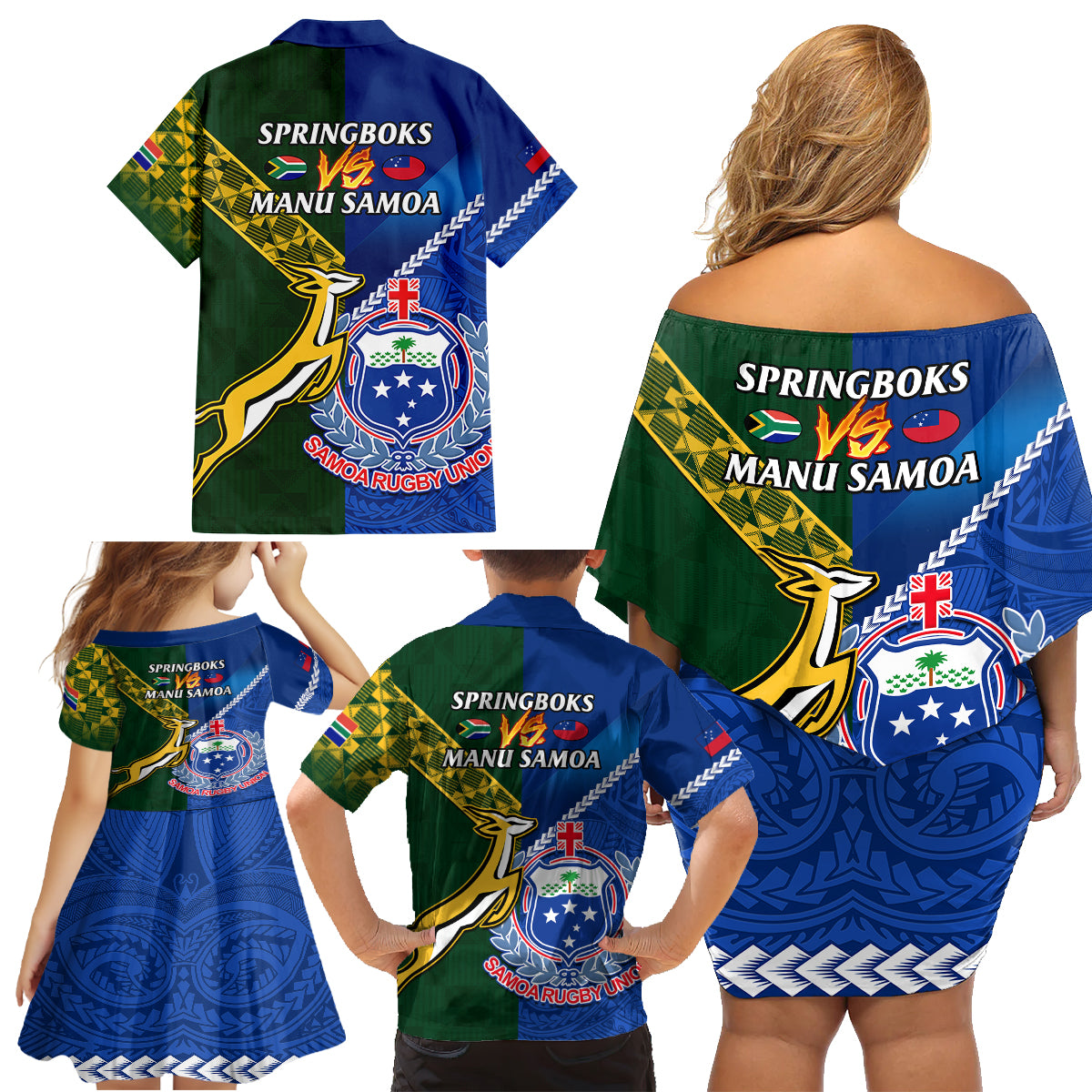 Samoa And South Africa Rugby Family Matching Off Shoulder Short Dress and Hawaiian Shirt 2023 World Cup Manu Samoa With Springboks LT14 - Polynesian Pride