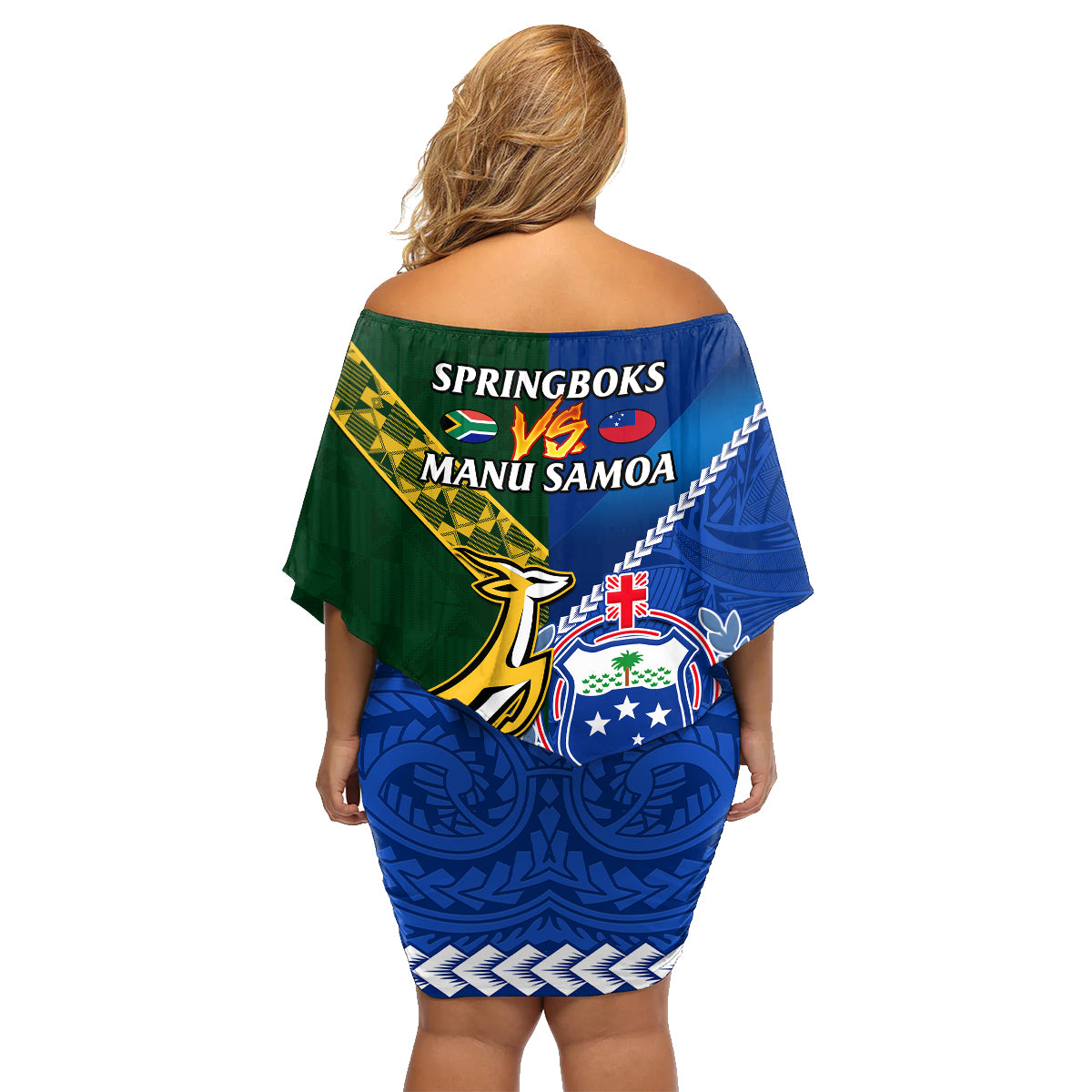 Samoa And South Africa Rugby Family Matching Off Shoulder Short Dress and Hawaiian Shirt 2023 World Cup Manu Samoa With Springboks LT14 - Polynesian Pride
