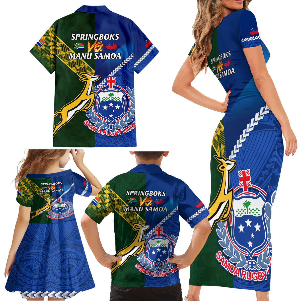 Samoa And South Africa Rugby Family Matching Short Sleeve Bodycon Dress and Hawaiian Shirt 2023 World Cup Manu Samoa With Springboks LT14 - Polynesian Pride