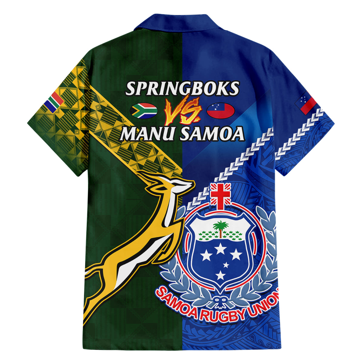 Samoa And South Africa Rugby Family Matching Short Sleeve Bodycon Dress and Hawaiian Shirt 2023 World Cup Manu Samoa With Springboks LT14 - Polynesian Pride