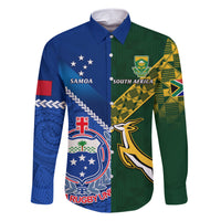 Samoa And South Africa Rugby Family Matching Short Sleeve Bodycon Dress and Hawaiian Shirt 2023 World Cup Manu Samoa With Springboks LT14 Dad's Shirt - Long Sleeve Blue - Polynesian Pride