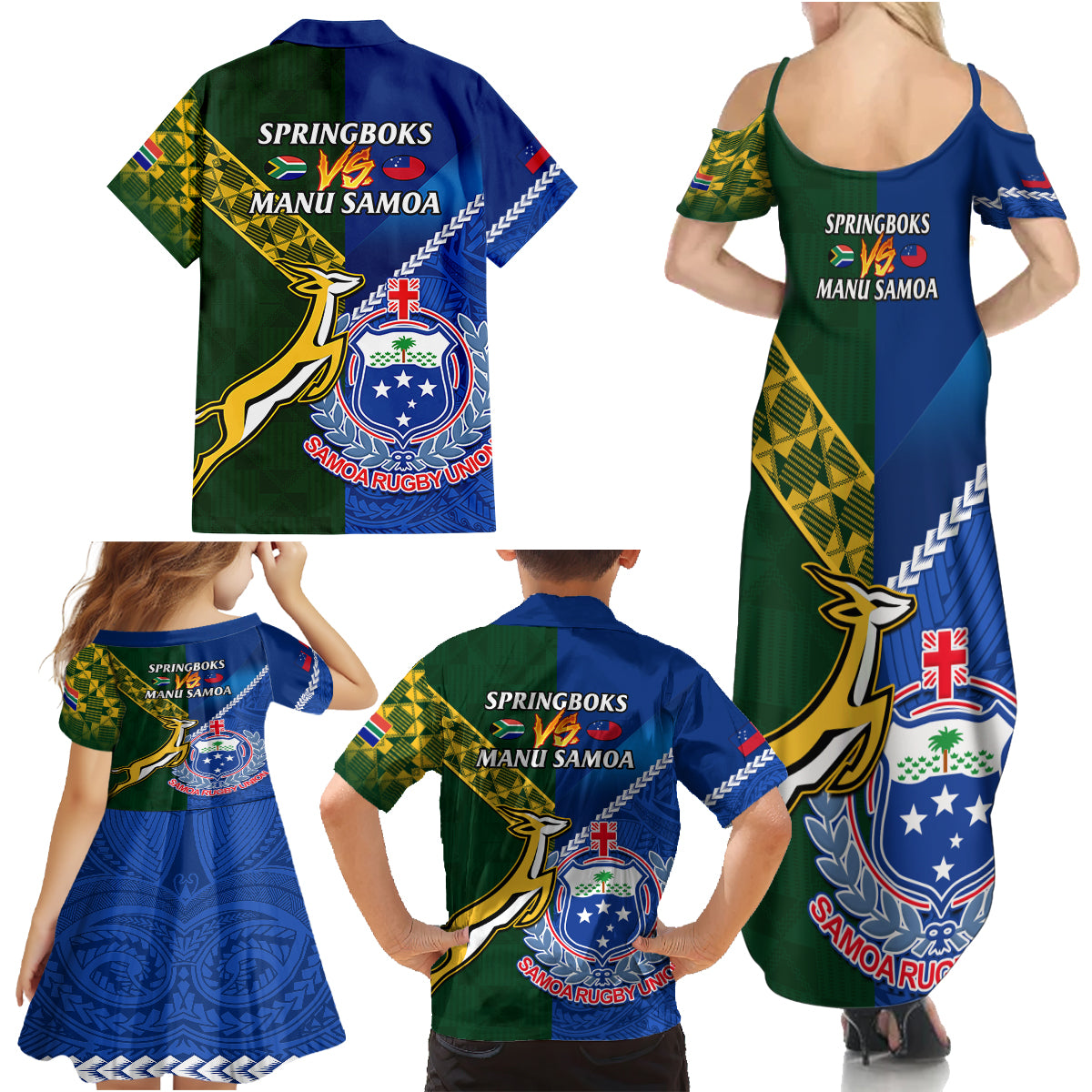 Samoa And South Africa Rugby Family Matching Summer Maxi Dress and Hawaiian Shirt 2023 World Cup Manu Samoa With Springboks LT14 - Polynesian Pride