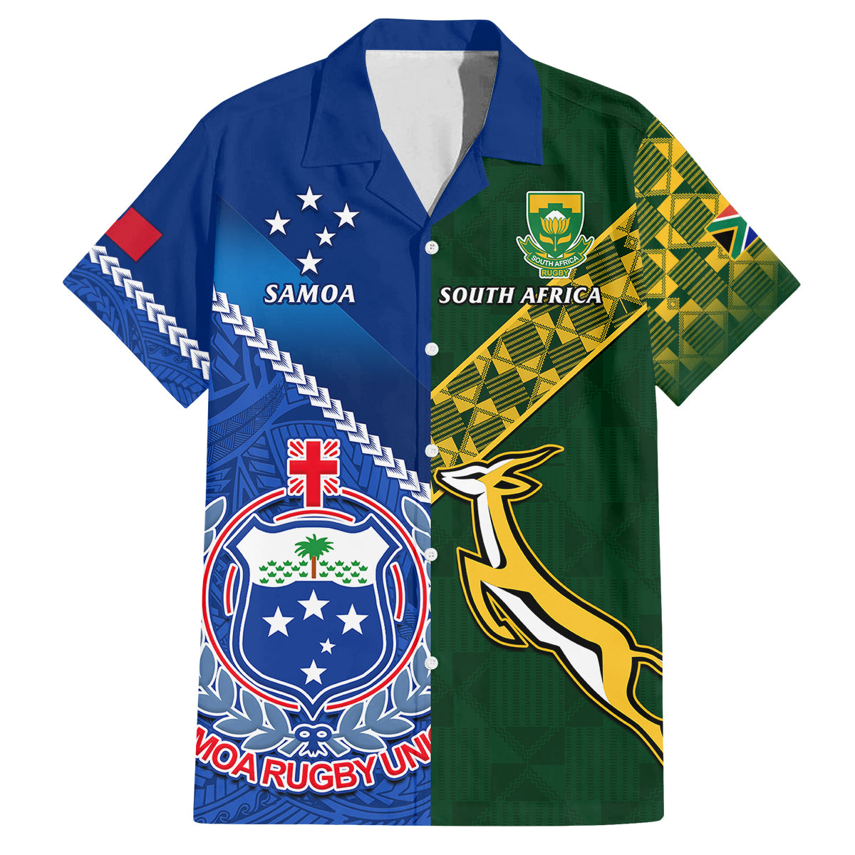 Samoa And South Africa Rugby Family Matching Summer Maxi Dress and Hawaiian Shirt 2023 World Cup Manu Samoa With Springboks LT14 Dad's Shirt - Short Sleeve Blue - Polynesian Pride