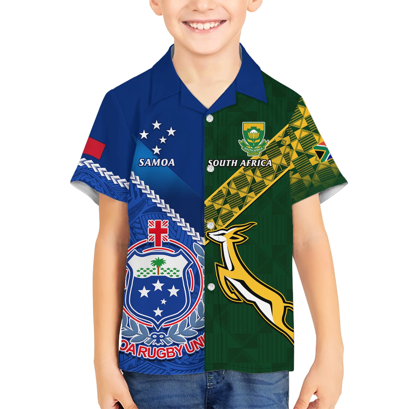 Samoa And South Africa Rugby Kid Hawaiian Shirt 2023 World Cup Manu Samoa With Springboks LT14 Kid Blue - Polynesian Pride