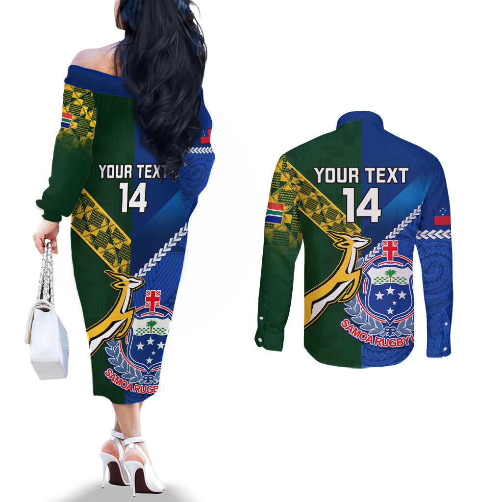 Custom Samoa And South Africa Rugby Couples Matching Off The Shoulder Long Sleeve Dress and Long Sleeve Button Shirts 2023 World Cup Manu Samoa With Springboks LT14 - Polynesian Pride