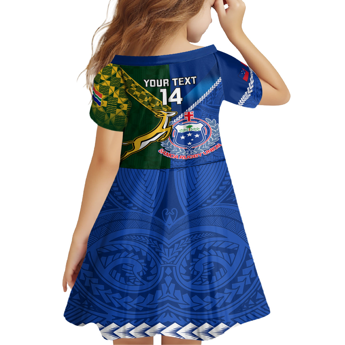 Custom Samoa And South Africa Rugby Family Matching Long Sleeve Bodycon Dress and Hawaiian Shirt 2023 World Cup Manu Samoa With Springboks LT14 - Polynesian Pride