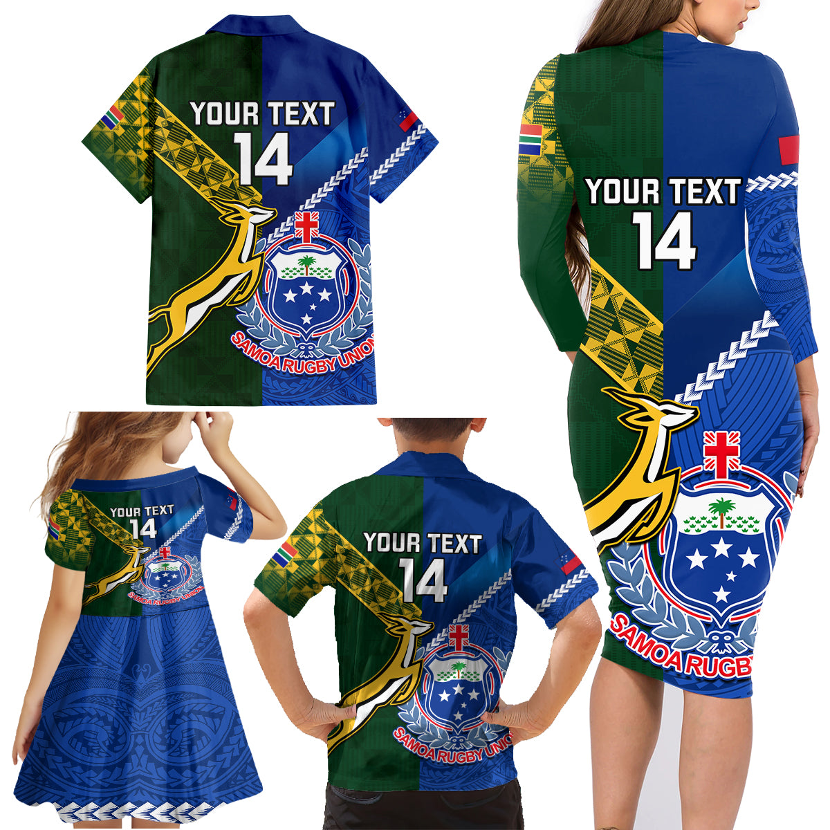 Custom Samoa And South Africa Rugby Family Matching Long Sleeve Bodycon Dress and Hawaiian Shirt 2023 World Cup Manu Samoa With Springboks LT14 - Polynesian Pride