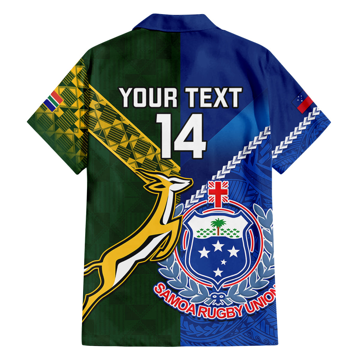 Custom Samoa And South Africa Rugby Family Matching Long Sleeve Bodycon Dress and Hawaiian Shirt 2023 World Cup Manu Samoa With Springboks LT14 - Polynesian Pride