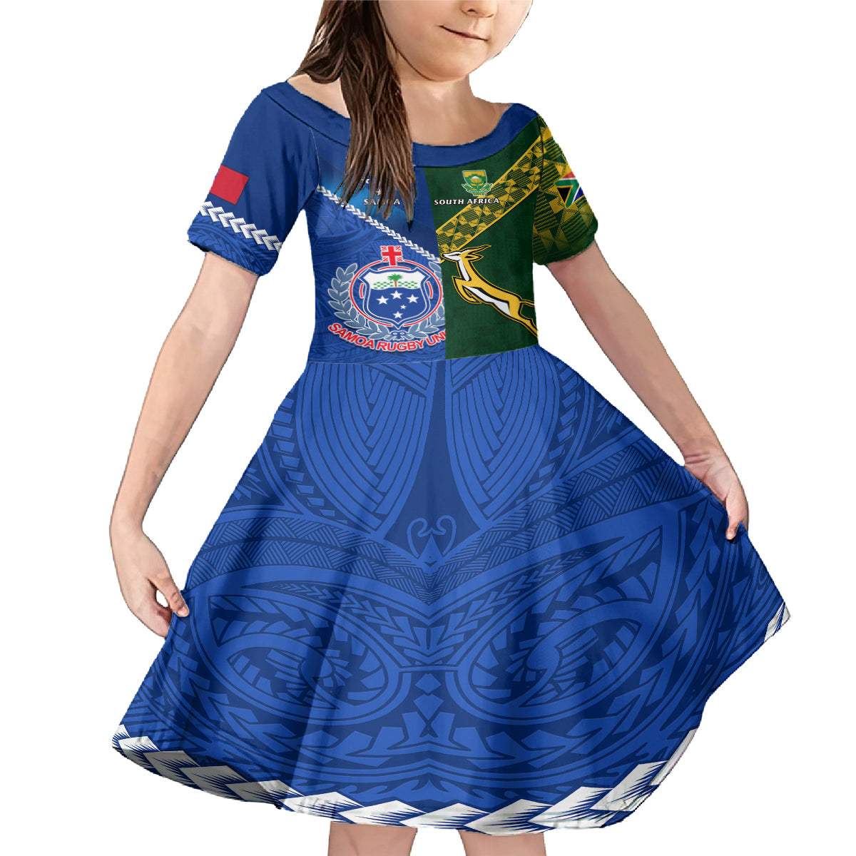 Custom Samoa And South Africa Rugby Family Matching Mermaid Dress and Hawaiian Shirt 2023 World Cup Manu Samoa With Springboks LT14 Daughter's Dress Blue - Polynesian Pride