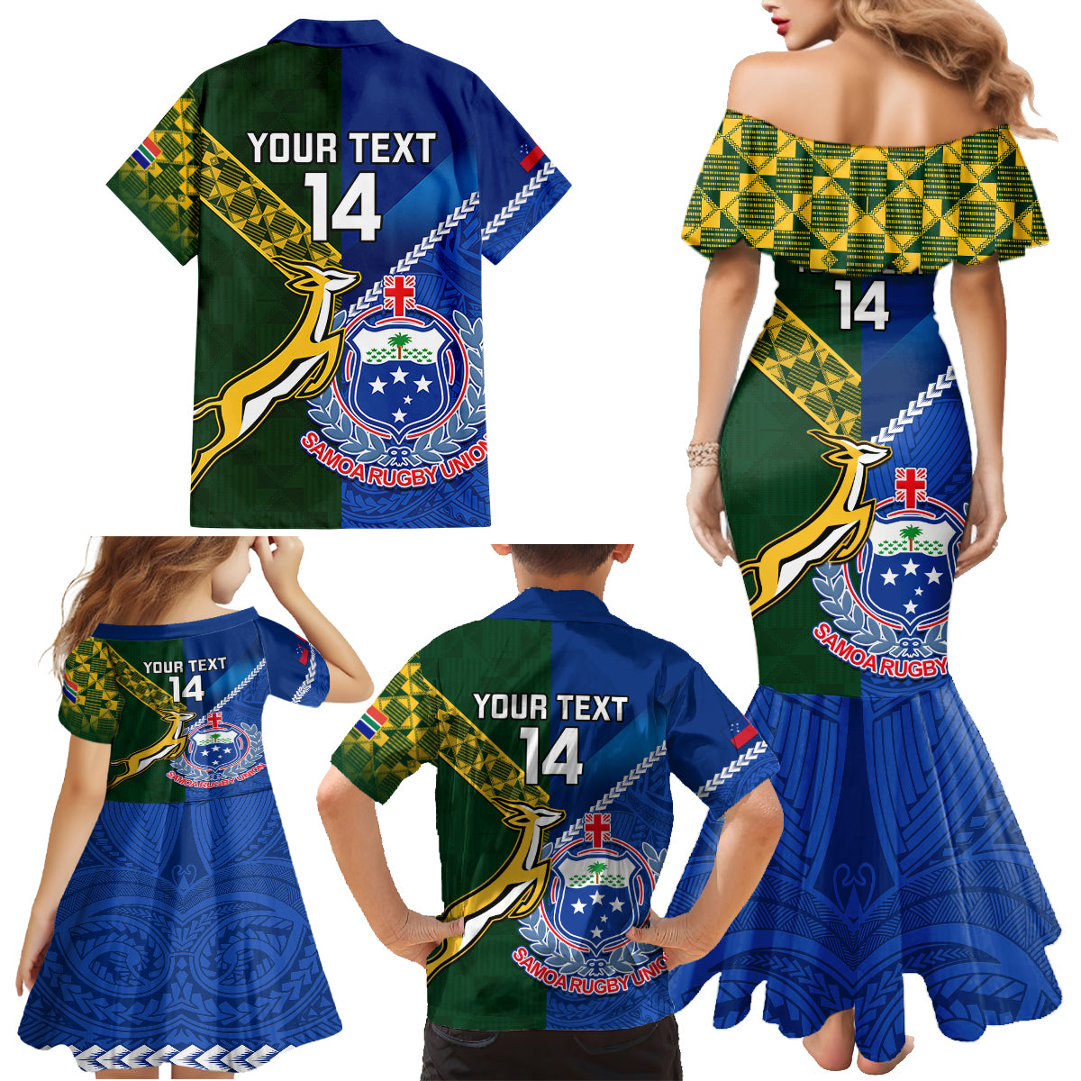 Custom Samoa And South Africa Rugby Family Matching Mermaid Dress and Hawaiian Shirt 2023 World Cup Manu Samoa With Springboks LT14 - Polynesian Pride