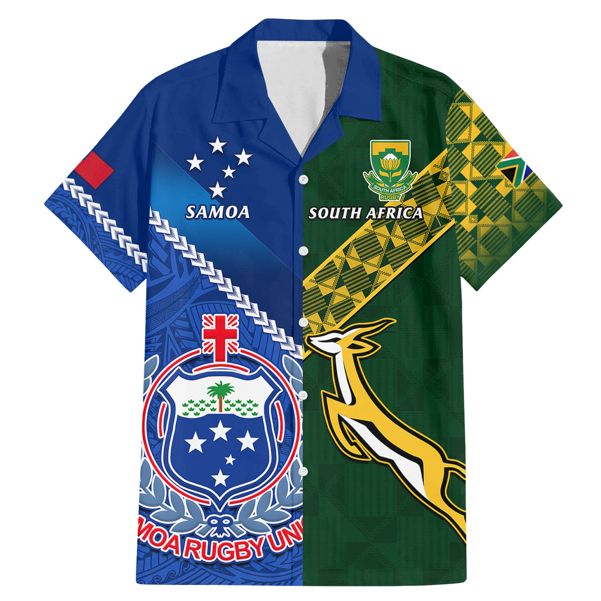 Custom Samoa And South Africa Rugby Family Matching Mermaid Dress and Hawaiian Shirt 2023 World Cup Manu Samoa With Springboks LT14 Dad's Shirt - Short Sleeve Blue - Polynesian Pride