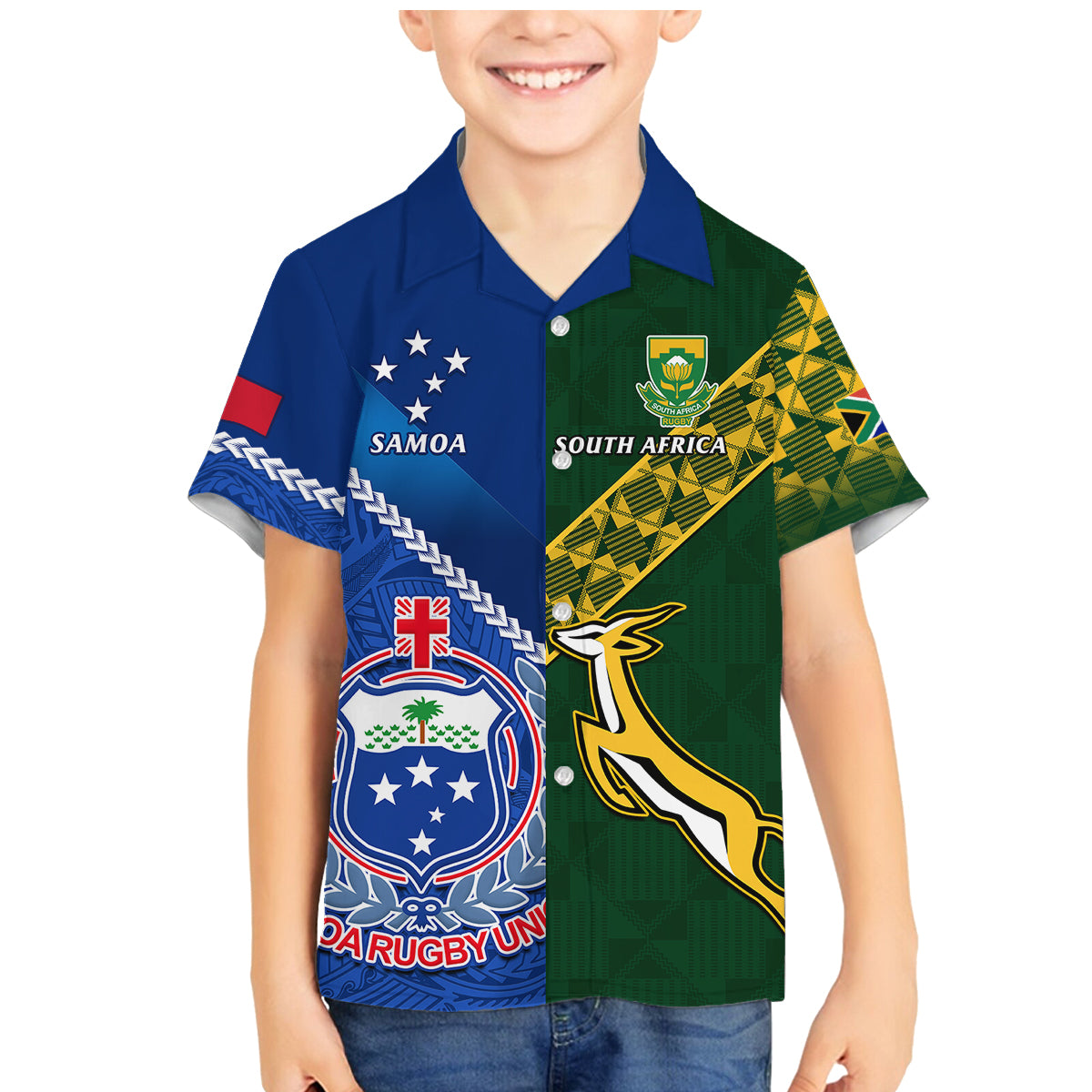 Custom Samoa And South Africa Rugby Family Matching Mermaid Dress and Hawaiian Shirt 2023 World Cup Manu Samoa With Springboks LT14 Son's Shirt Blue - Polynesian Pride