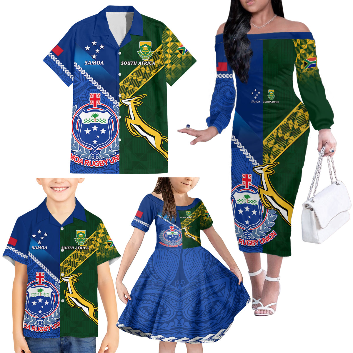 Custom Samoa And South Africa Rugby Family Matching Off Shoulder Long Sleeve Dress and Hawaiian Shirt 2023 World Cup Manu Samoa With Springboks LT14 - Polynesian Pride