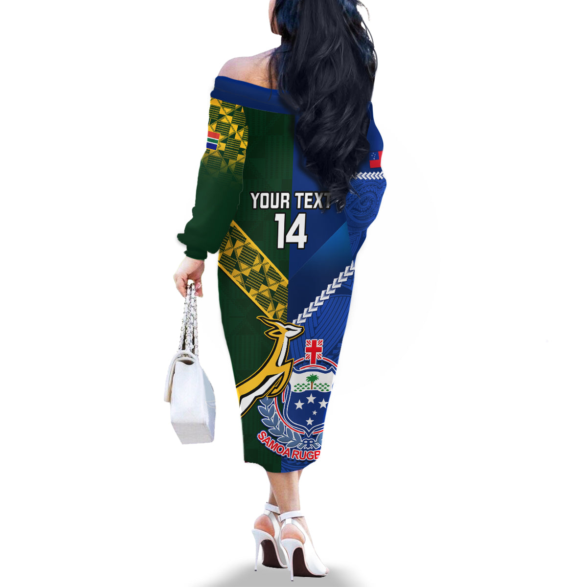 Custom Samoa And South Africa Rugby Family Matching Off Shoulder Long Sleeve Dress and Hawaiian Shirt 2023 World Cup Manu Samoa With Springboks LT14 - Polynesian Pride