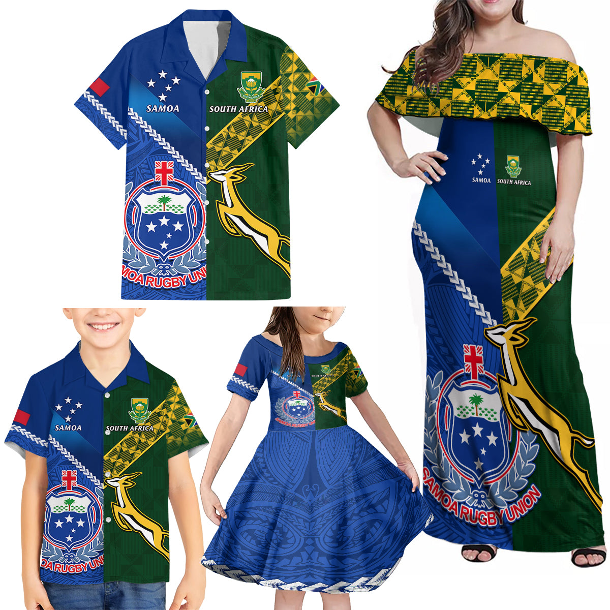 Custom Samoa And South Africa Rugby Family Matching Off Shoulder Maxi Dress and Hawaiian Shirt 2023 World Cup Manu Samoa With Springboks LT14 - Polynesian Pride