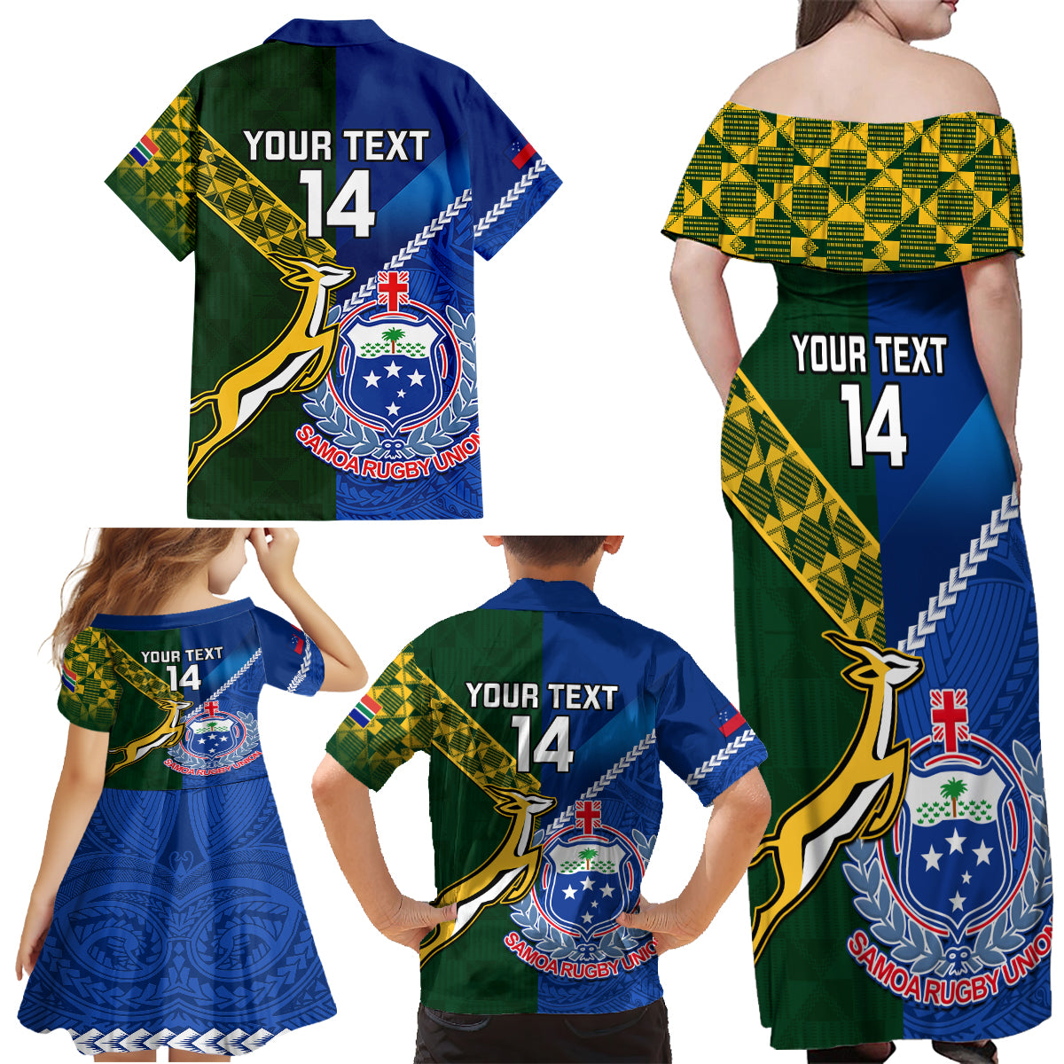 Custom Samoa And South Africa Rugby Family Matching Off Shoulder Maxi Dress and Hawaiian Shirt 2023 World Cup Manu Samoa With Springboks LT14 - Polynesian Pride