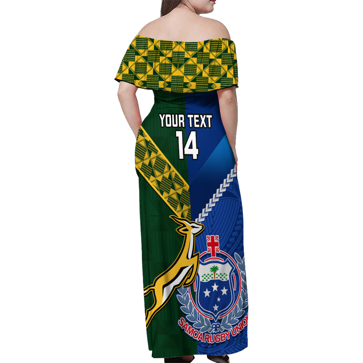 Custom Samoa And South Africa Rugby Family Matching Off Shoulder Maxi Dress and Hawaiian Shirt 2023 World Cup Manu Samoa With Springboks LT14 - Polynesian Pride