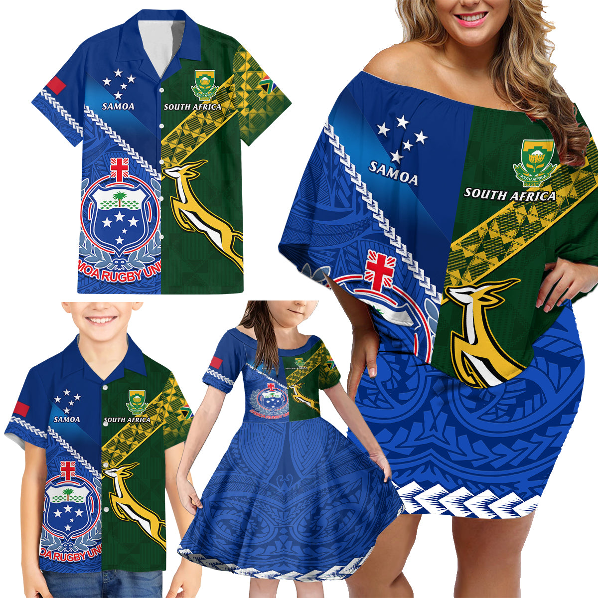 Custom Samoa And South Africa Rugby Family Matching Off Shoulder Short Dress and Hawaiian Shirt 2023 World Cup Manu Samoa With Springboks LT14 - Polynesian Pride
