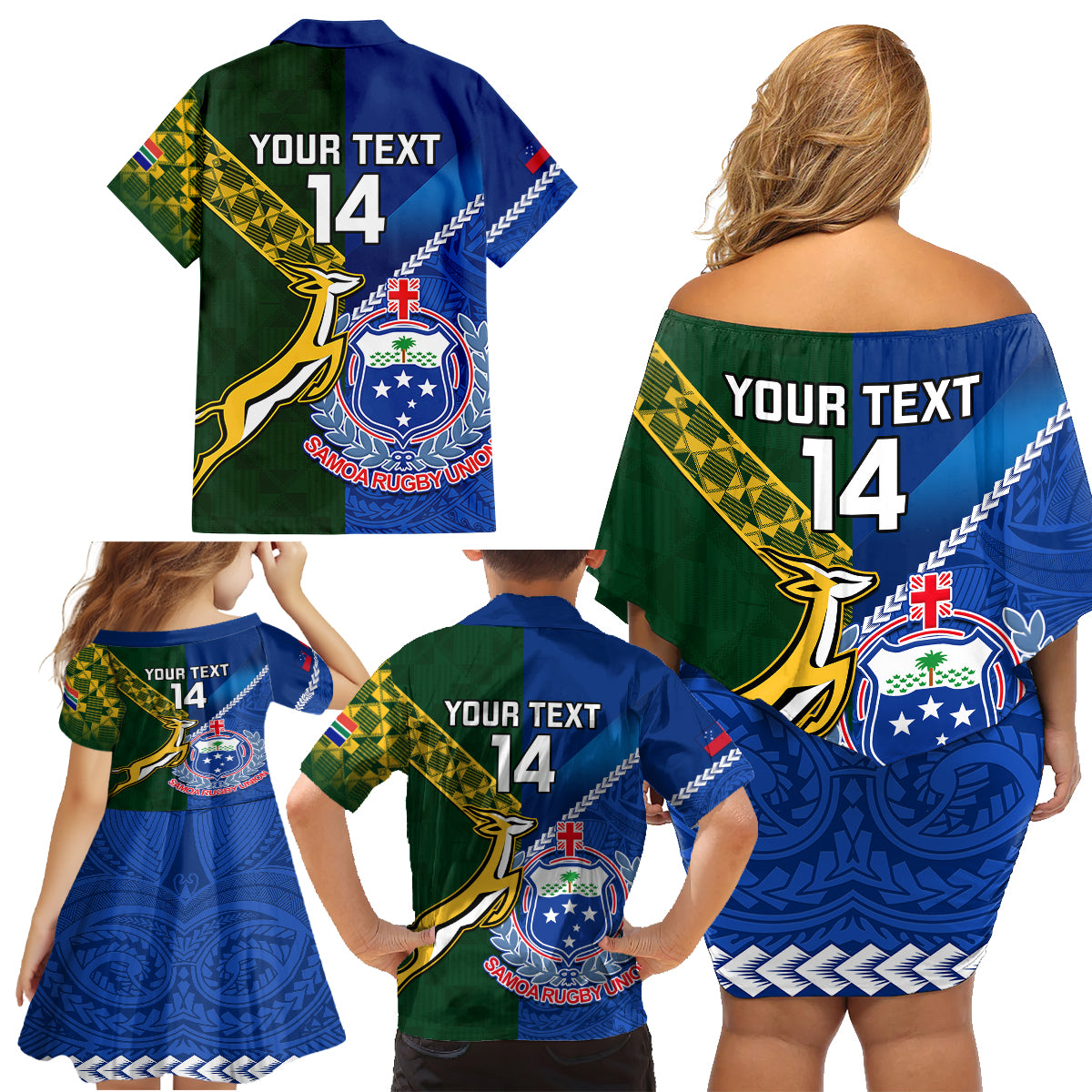 Custom Samoa And South Africa Rugby Family Matching Off Shoulder Short Dress and Hawaiian Shirt 2023 World Cup Manu Samoa With Springboks LT14 - Polynesian Pride