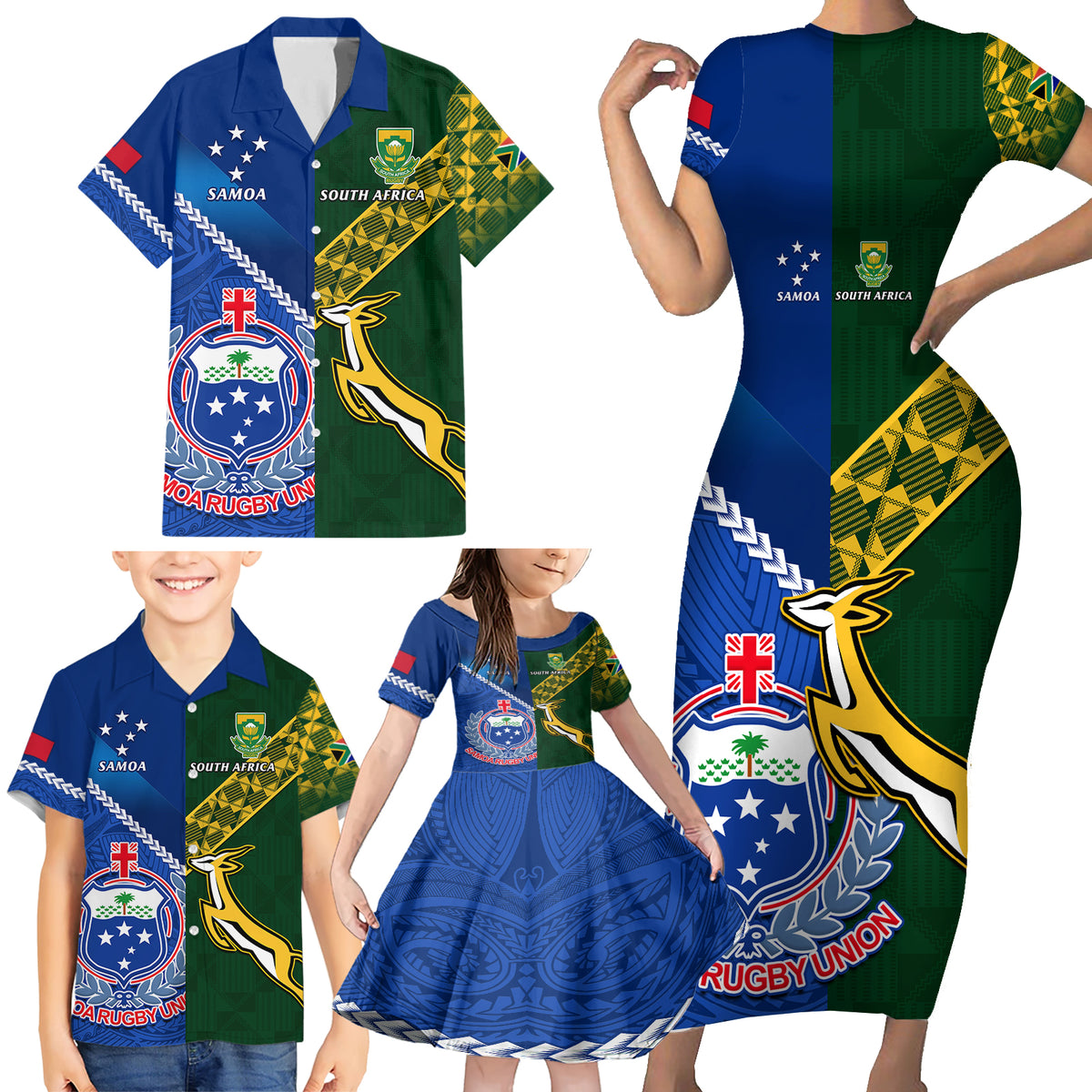 Custom Samoa And South Africa Rugby Family Matching Short Sleeve Bodycon Dress and Hawaiian Shirt 2023 World Cup Manu Samoa With Springboks LT14 - Polynesian Pride