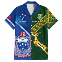Custom Samoa And South Africa Rugby Family Matching Short Sleeve Bodycon Dress and Hawaiian Shirt 2023 World Cup Manu Samoa With Springboks LT14 Dad's Shirt - Short Sleeve Blue - Polynesian Pride