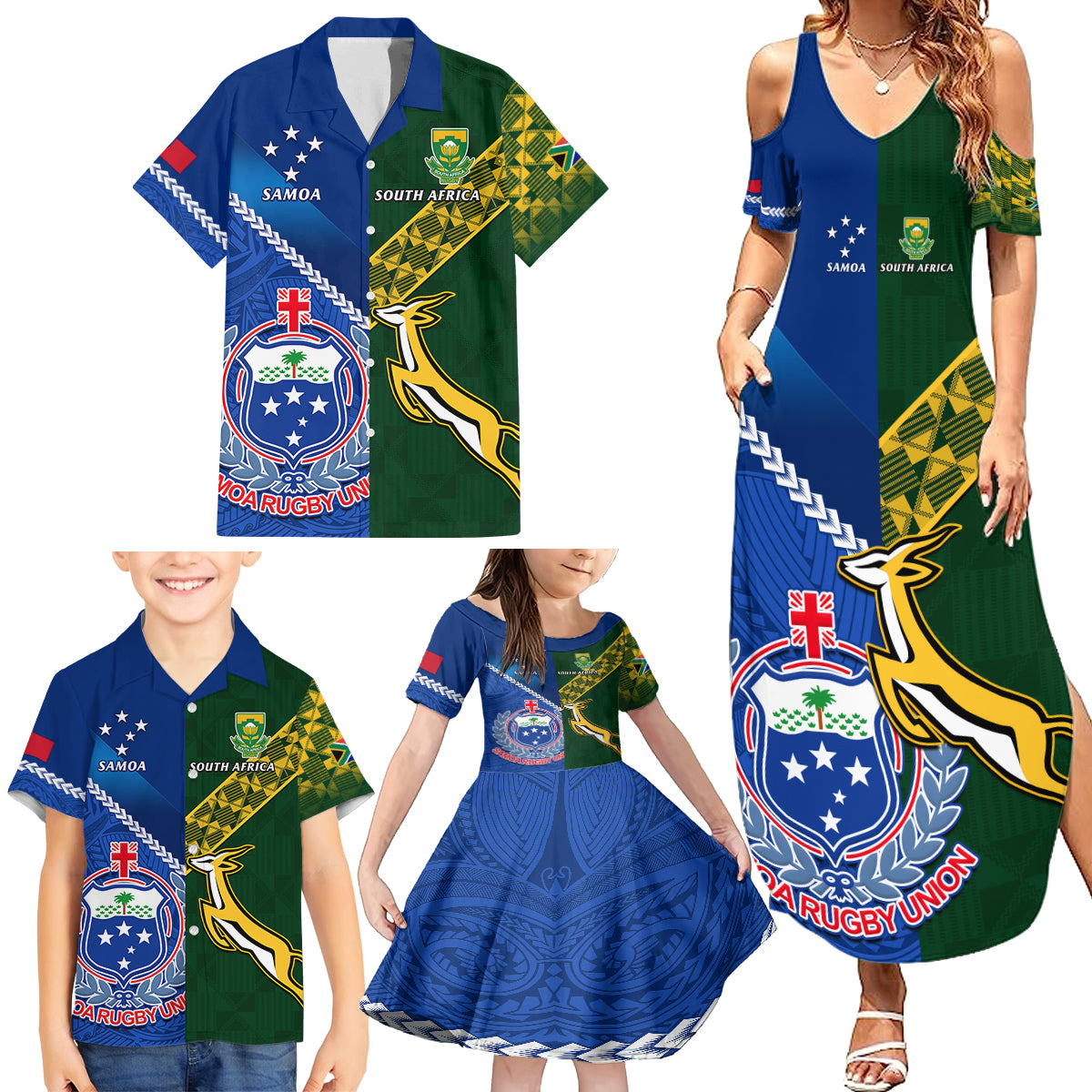 Custom Samoa And South Africa Rugby Family Matching Summer Maxi Dress and Hawaiian Shirt 2023 World Cup Manu Samoa With Springboks LT14 - Polynesian Pride