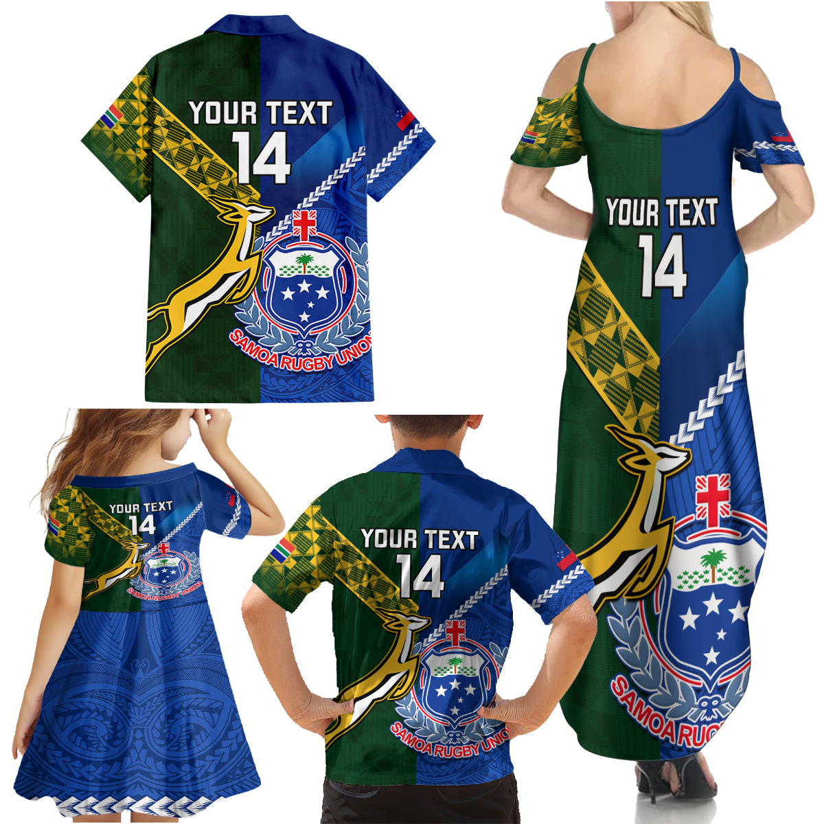 Custom Samoa And South Africa Rugby Family Matching Summer Maxi Dress and Hawaiian Shirt 2023 World Cup Manu Samoa With Springboks LT14 - Polynesian Pride