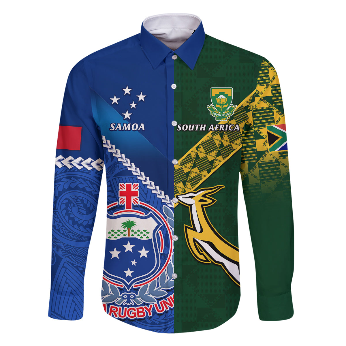 Custom Samoa And South Africa Rugby Family Matching Summer Maxi Dress and Hawaiian Shirt 2023 World Cup Manu Samoa With Springboks LT14 Dad's Shirt - Long Sleeve Blue - Polynesian Pride