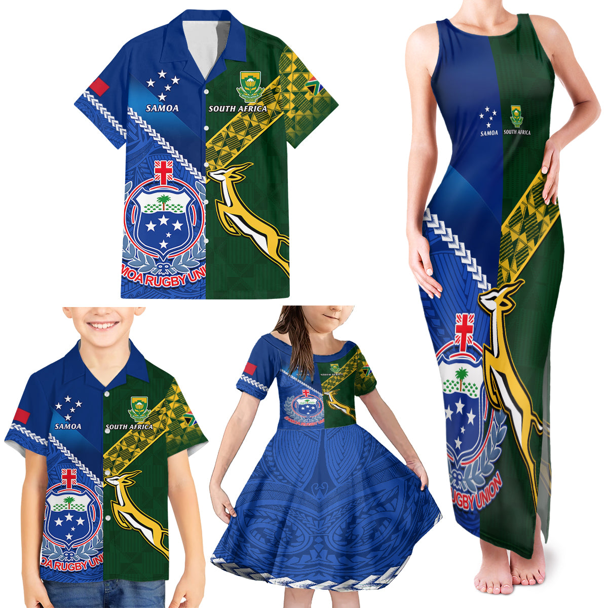 Custom Samoa And South Africa Rugby Family Matching Tank Maxi Dress and Hawaiian Shirt 2023 World Cup Manu Samoa With Springboks LT14 - Polynesian Pride