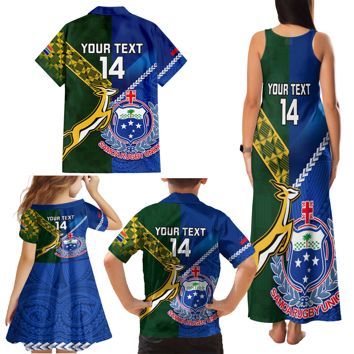 Custom Samoa And South Africa Rugby Family Matching Tank Maxi Dress and Hawaiian Shirt 2023 World Cup Manu Samoa With Springboks LT14 - Polynesian Pride