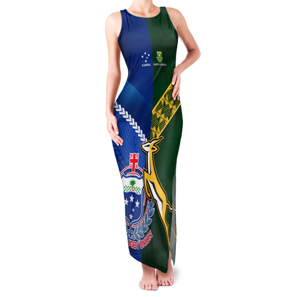 Custom Samoa And South Africa Rugby Family Matching Tank Maxi Dress and Hawaiian Shirt 2023 World Cup Manu Samoa With Springboks LT14 Mom's Dress Blue - Polynesian Pride