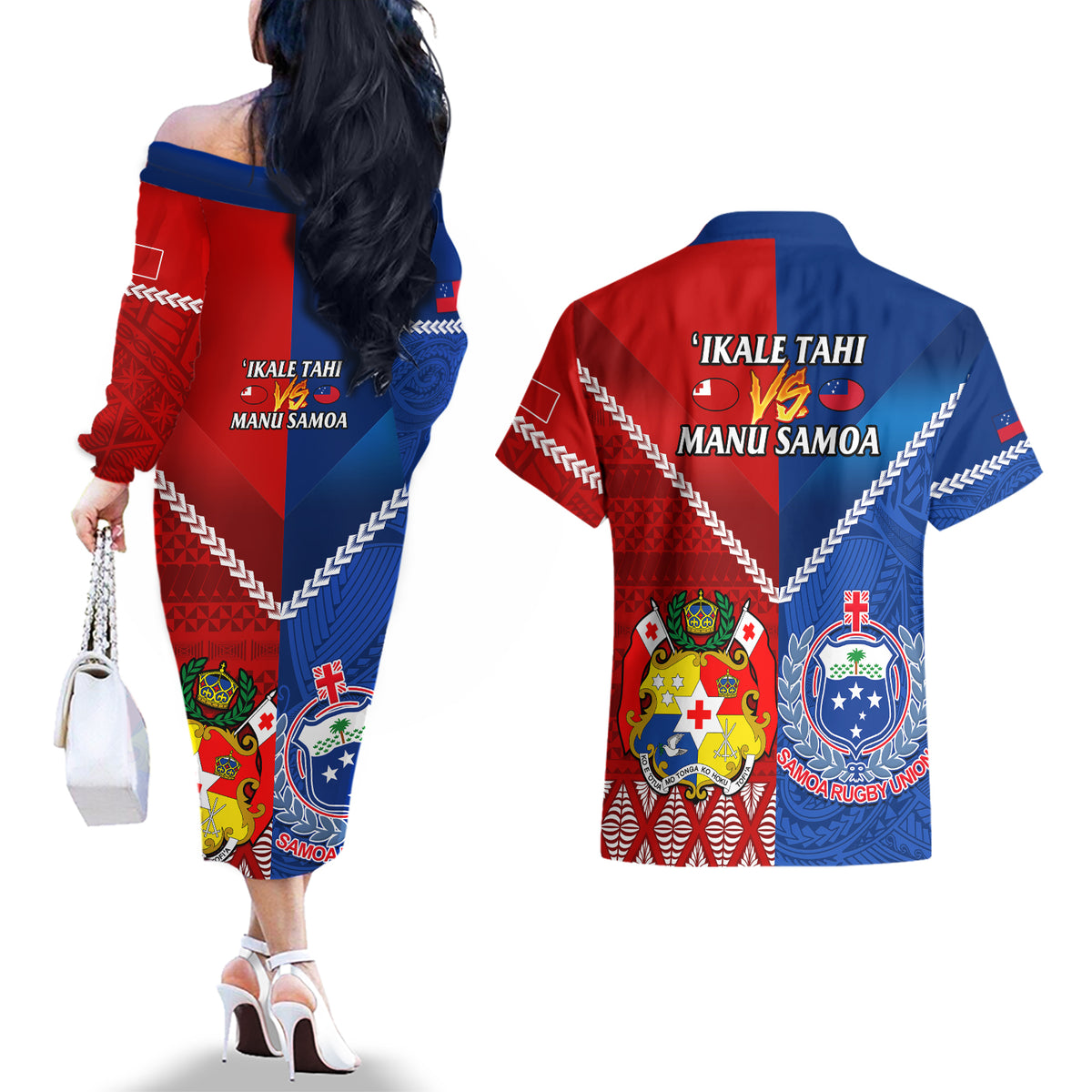 Samoa And Tonga Rugby Couples Matching Off The Shoulder Long Sleeve Dress and Hawaiian Shirt 2023 World Cup Manu Samoa With Ikale Tahi LT14 - Polynesian Pride
