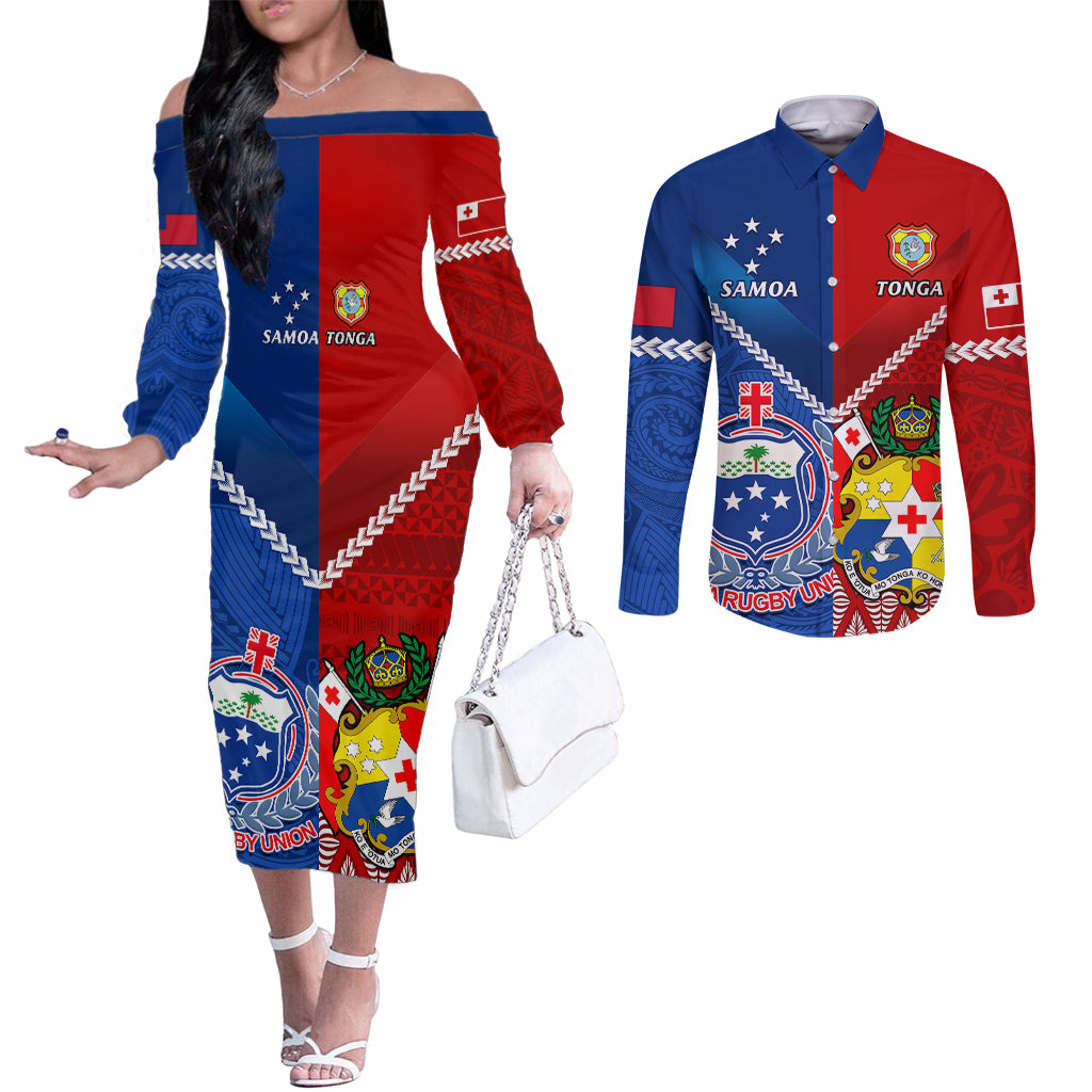 Samoa And Tonga Rugby Couples Matching Off The Shoulder Long Sleeve Dress and Long Sleeve Button Shirts 2023 World Cup Manu Samoa With Ikale Tahi LT14 Blue - Polynesian Pride