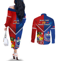 Samoa And Tonga Rugby Couples Matching Off The Shoulder Long Sleeve Dress and Long Sleeve Button Shirts 2023 World Cup Manu Samoa With Ikale Tahi LT14 - Polynesian Pride