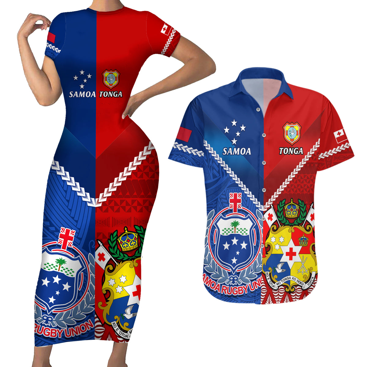 Samoa And Tonga Rugby Couples Matching Short Sleeve Bodycon Dress and Hawaiian Shirt 2023 World Cup Manu Samoa With Ikale Tahi LT14 Blue - Polynesian Pride