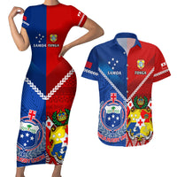 Samoa And Tonga Rugby Couples Matching Short Sleeve Bodycon Dress and Hawaiian Shirt 2023 World Cup Manu Samoa With Ikale Tahi LT14 Blue - Polynesian Pride