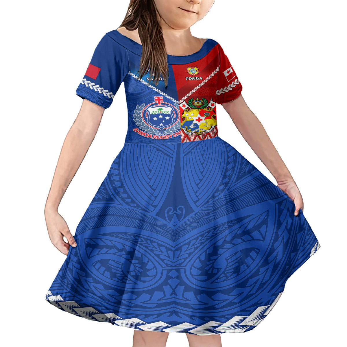 Samoa And Tonga Rugby Family Matching Summer Maxi Dress and Hawaiian Shirt 2023 World Cup Manu Samoa With Ikale Tahi LT14 Daughter's Dress Blue - Polynesian Pride