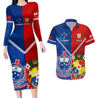 Custom Samoa And Tonga Rugby Couples Matching Long Sleeve Bodycon Dress and Hawaiian Shirt 2023 World Cup Manu Samoa With Ikale Tahi LT14 Blue - Polynesian Pride