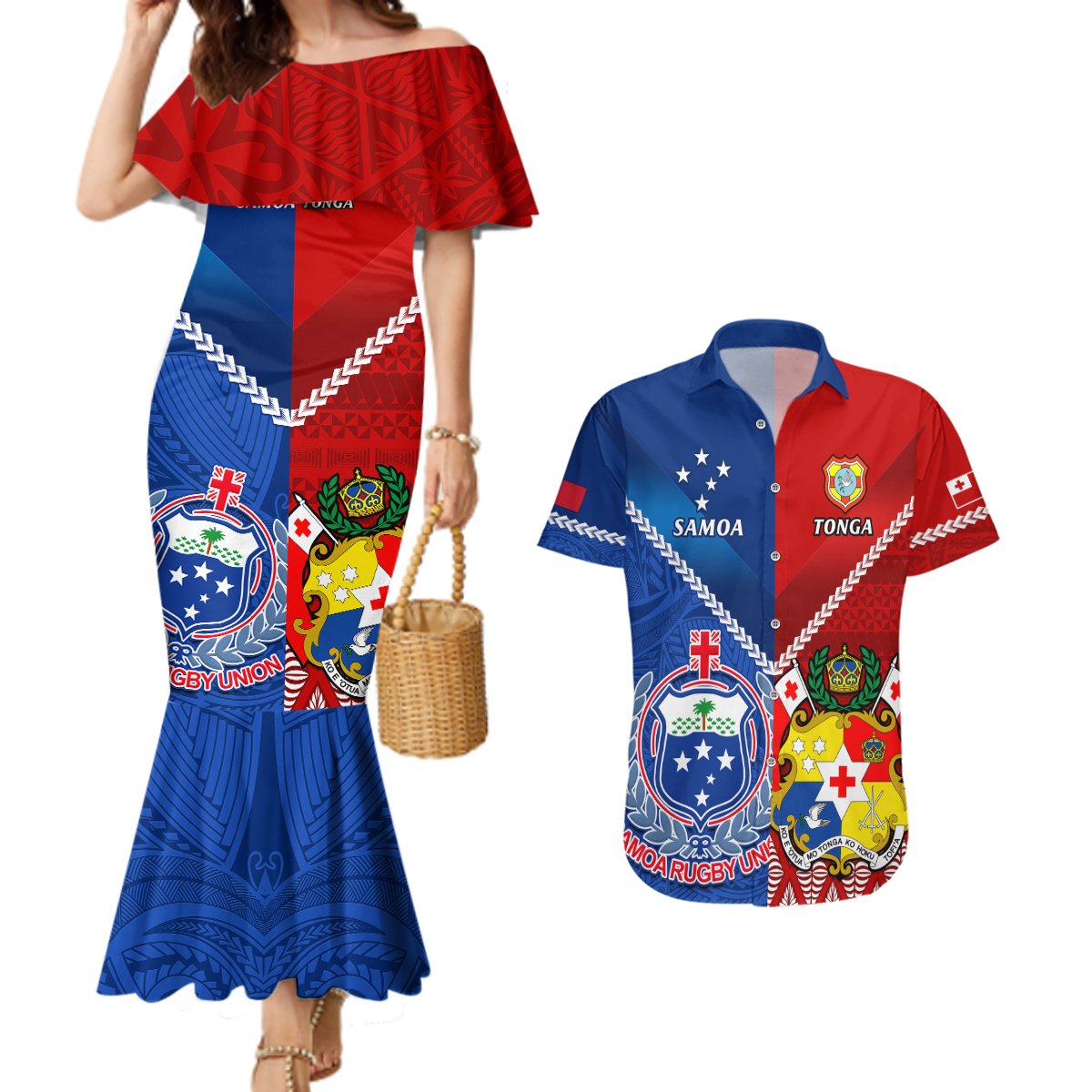Custom Samoa And Tonga Rugby Couples Matching Mermaid Dress and Hawaiian Shirt 2023 World Cup Manu Samoa With Ikale Tahi LT14 Blue - Polynesian Pride