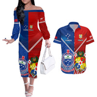 Custom Samoa And Tonga Rugby Couples Matching Off The Shoulder Long Sleeve Dress and Hawaiian Shirt 2023 World Cup Manu Samoa With Ikale Tahi LT14 Blue - Polynesian Pride
