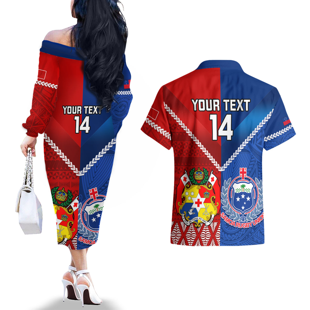 Custom Samoa And Tonga Rugby Couples Matching Off The Shoulder Long Sleeve Dress and Hawaiian Shirt 2023 World Cup Manu Samoa With Ikale Tahi LT14 - Polynesian Pride