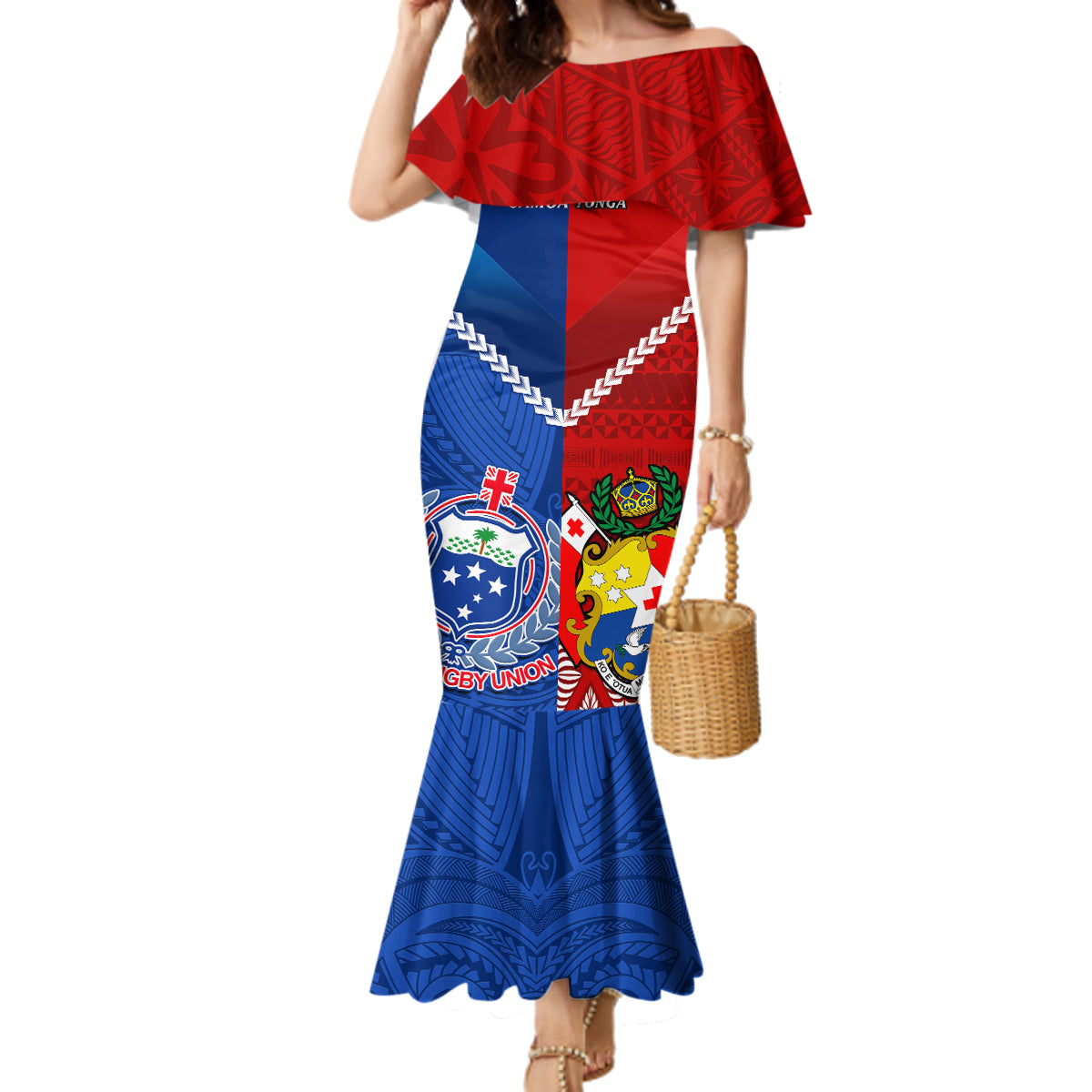 Custom Samoa And Tonga Rugby Family Matching Mermaid Dress and Hawaiian Shirt 2023 World Cup Manu Samoa With Ikale Tahi LT14 Mom's Dress Blue - Polynesian Pride