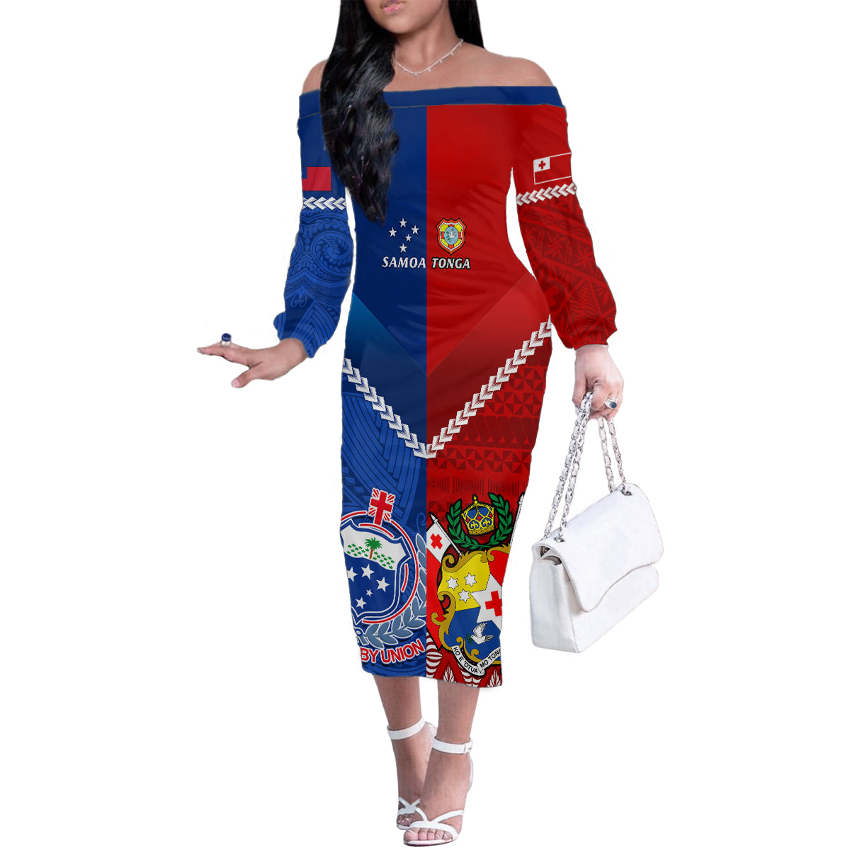 Custom Samoa And Tonga Rugby Family Matching Off Shoulder Long Sleeve Dress and Hawaiian Shirt 2023 World Cup Manu Samoa With Ikale Tahi LT14 Mom's Dress Blue - Polynesian Pride