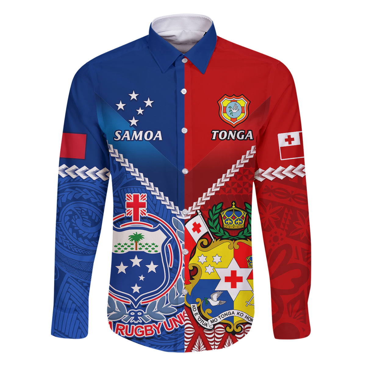 Custom Samoa And Tonga Rugby Family Matching Off Shoulder Maxi Dress and Hawaiian Shirt 2023 World Cup Manu Samoa With Ikale Tahi LT14 Dad's Shirt - Long Sleeve Blue - Polynesian Pride