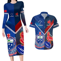 Samoa And France Rugby Couples Matching Long Sleeve Bodycon Dress and Hawaiian Shirt 2023 World Cup Manu Samoa With Les Bleus LT14 Blue - Polynesian Pride