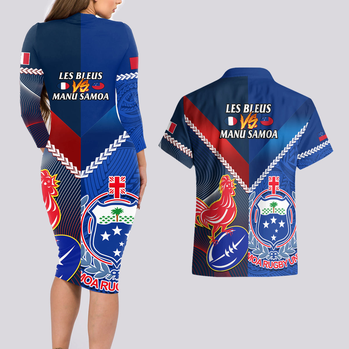 Samoa And France Rugby Couples Matching Long Sleeve Bodycon Dress and Hawaiian Shirt 2023 World Cup Manu Samoa With Les Bleus LT14 - Polynesian Pride